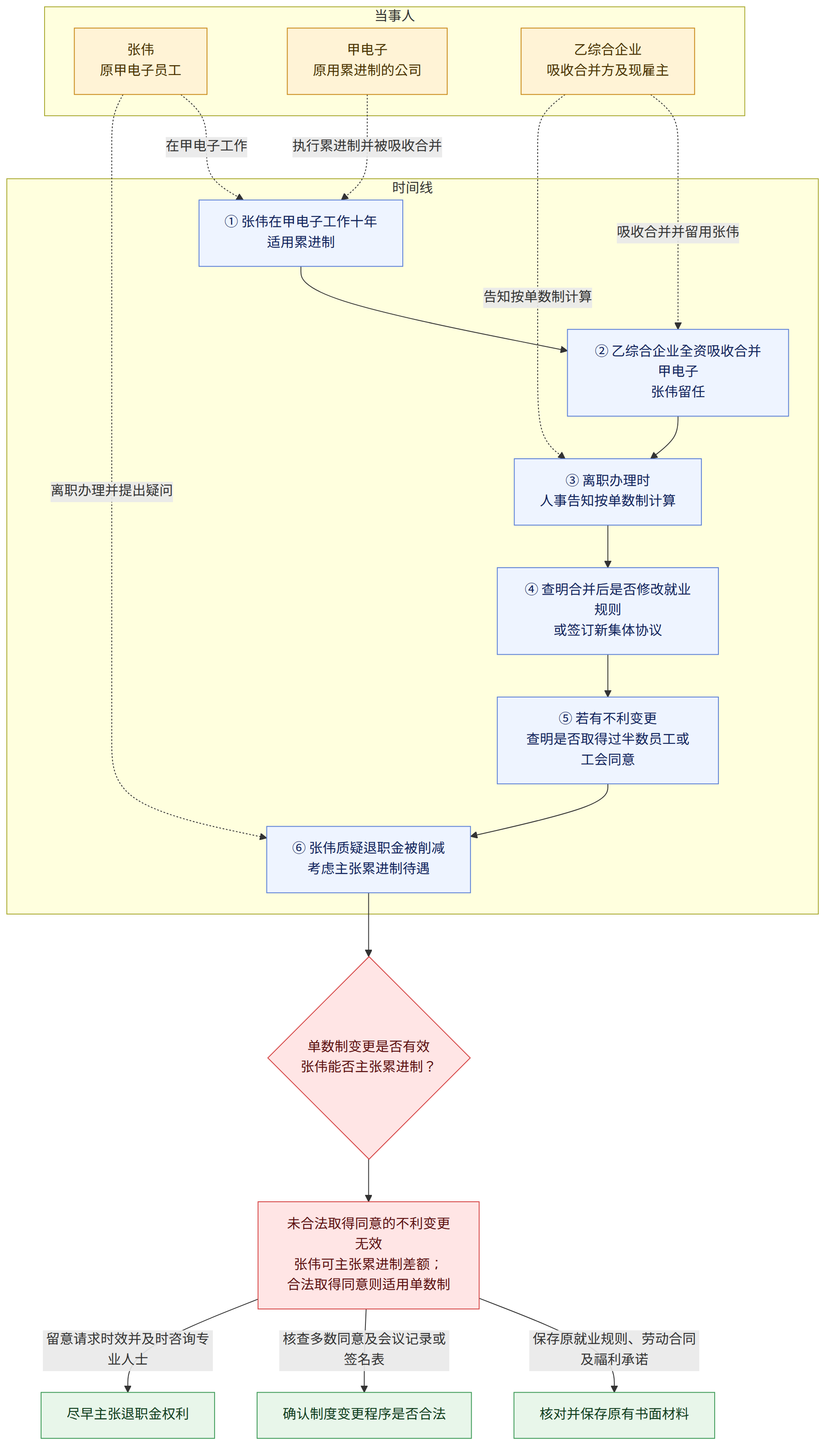 当事人 → 张伟 原甲电子员工 → 甲电子 原用累进制的公司 → 乙综合企业 吸收合并方及现雇主 → 时间线 → ① 张伟在甲电子工作十年 适用累进制 → ② 乙综合企业全资吸收合并甲电子 张伟留任 → ③ 离职办理时 人事告知按单数制计算 → ④ 查明合并后是否修改就业规则 或签订新集体协议 → ⑤ 若有不利变更 查明是否取得过半数员工或工会同意 → ⑥ 张伟质疑退职金被削减 考虑主张累进制待遇 → 单数制变更是否有效 张伟能否主张累进制? → 未合法取得同意的不利变更无效 张伟可主张累进制差额; 合法取得同意则适用单数制 → 保存原就业规则、劳动合同及福利承诺 → 核对并保存原有书面材料 → 核查多数同意及会议记录或签名表 → 确认制度变更程序是否合法 → 留意请求时效并及时咨询专业人士 → 尽早主张退职金权利