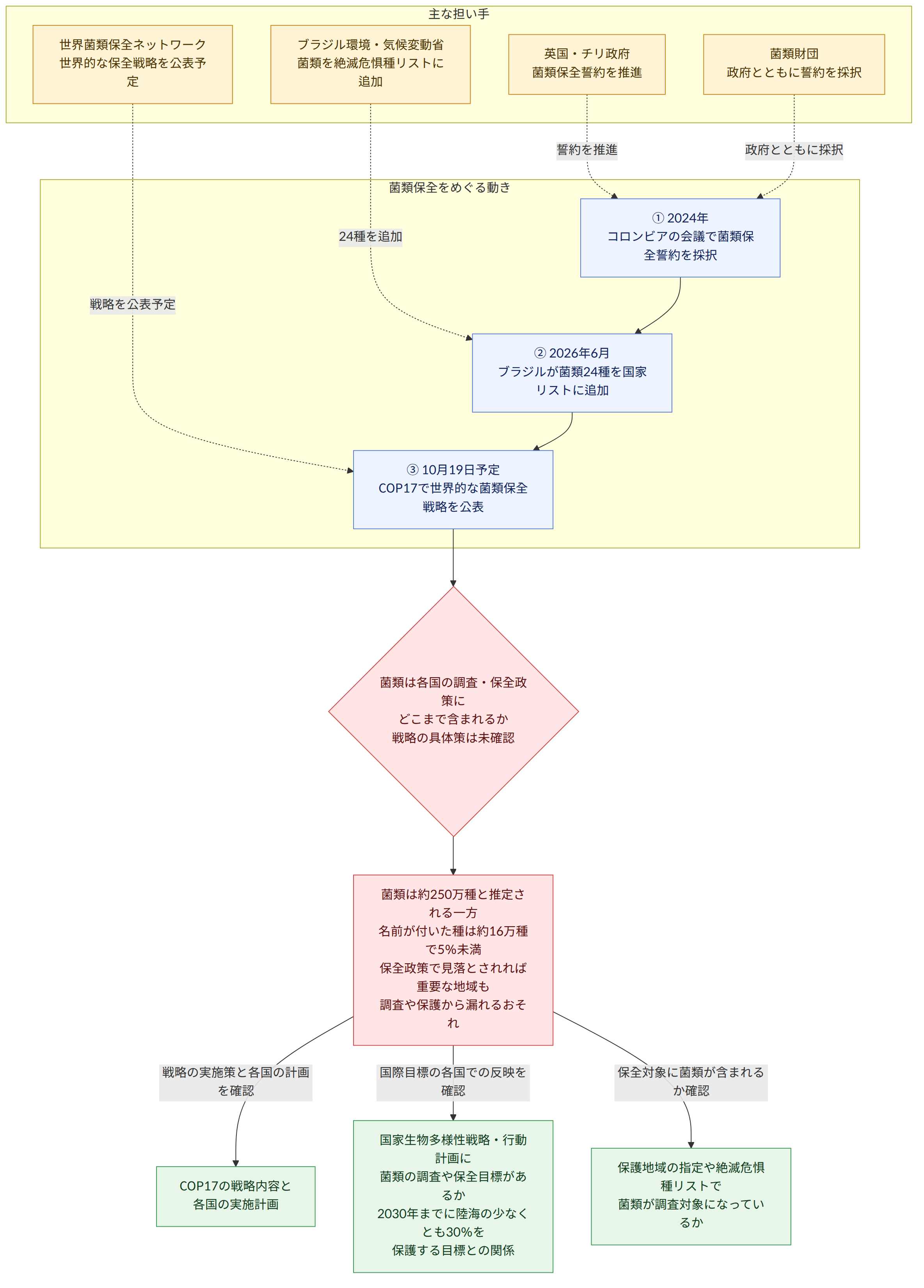 主な担い手 → 世界菌類保全ネットワーク 世界的な保全戦略を公表予定 → 英国・チリ政府 菌類保全誓約を推進 → 菌類財団 政府とともに誓約を採択 → ブラジル環境・気候変動省 菌類を絶滅危惧種リストに追加 → 菌類保全をめぐる動き → ① 2024年 コロンビアの会議で菌類保全誓約を採択 → ② 2026年6月 ブラジルが菌類24種を国家リストに追加 → ③ 10月19日予定 COP17で世界的な菌類保全戦略を公表 → 菌類は各国の調査・保全政策に どこまで含まれるか 戦略の具体策は未確認 → 菌類は約250万種と推定される一方 名前が付いた種は約16万種で5%未満 保全政策で見落とされれば重要な地域も 調査や保護から漏れるおそれ → 戦略の実施策と各国の計画を確認 → COP17の戦略内容と 各国の実施計画 → 国際目標の各国での反映を確認 → 国家生物多様性戦略・行動計画に 菌類の調査や保全目標があるか 2030年までに陸海の少なくとも30%を 保護する目標との関係 → 保全対象に菌類が含まれるか確認 → 保護地域の指定や絶滅危惧種リストで 菌類が調査対象になっているか